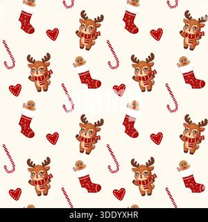 Un motif de Noël doux et répétitif avec de charmants rennes kawaii portant des foulards, des bas rouges avec des hommes en pain d'épice à l'intérieur, des cannes de bonbon, un Illustration de Vecteur