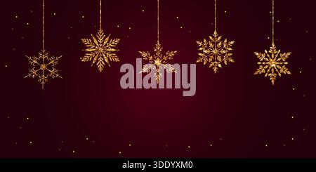 Un luxueux motif vacances d'hiver orné de cinq flocons de neige dorés étincelants suspendus sur un fond Bordeaux riche et éclatant Illustration de Vecteur