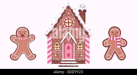 Un charmant ensemble d'illustrations de vacances avec une maison en pain d'épice décorée de couleurs vives avec des accents roses et deux mignons hommes en pain d'épice dont un avec un noeud t Illustration de Vecteur