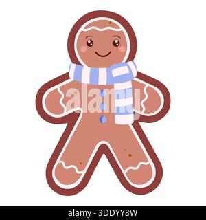 Un charmant et heureux personnage de cookie homme en pain d'épice, décoré de glaçage blanc, boutons bleus, et une écharpe rayée bleue et blanche confortable, brun souriant Illustration de Vecteur