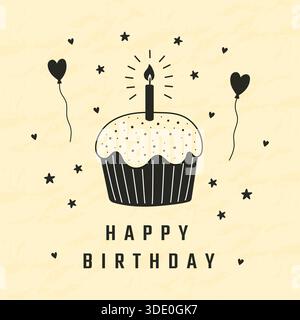 Carte de voeux joyeux anniversaire avec bougie cupcake dessinée à la main et ballons de coeur dans l'illustration noire et blanche de style doodle. Illustration de Vecteur