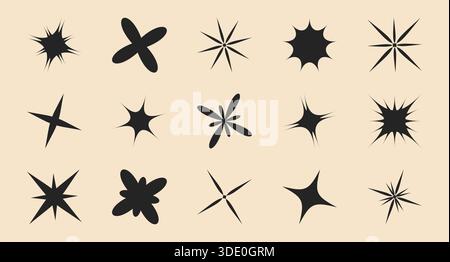 Ensemble Starburst rétro et scintillant Y2K avec des formes géométriques noires minimalistes pour un design esthétique tendance y2k. Illustration de Vecteur