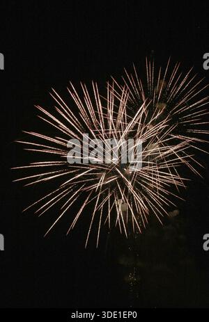 Feux d'artifice dorés explosant dans le ciel nocturne Banque D'Images