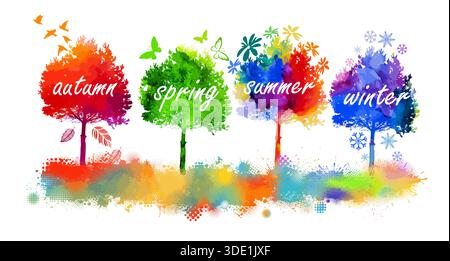 Les arbres sont colorés à différents moments de l'année. dessin à la main. Illustration vectorielle non IA. Illustration de Vecteur