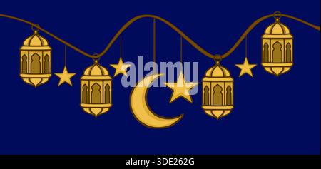 Illustration vectorielle festive de lanternes islamiques dorées et d'étoiles suspendues sur une ficelle sur un fond bleu profond, célébrant le Ramadan. Illustration de Vecteur