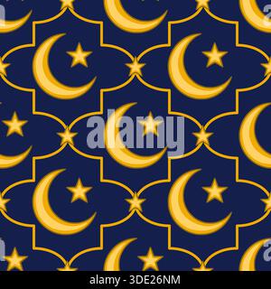 Motif vectoriel sans couture avec des lunes et des étoiles en croissant doré sur un fond bleu marine profond, évoquant une ambiance céleste et festive. Illustration de Vecteur
