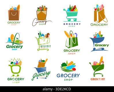 Icônes d'épicerie, marché alimentaire, magasin, supermarché et enseignes de magasin. Panier d'achat vectoriel, panier et sac plein de produits alimentaires, de fruits frais, de légumes et de symboles isolés de pain pour l'épicerie Illustration de Vecteur