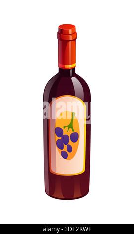 Boisson alcoolisée de vin de raisin de dessin animé dans une bouteille sombre. Vector bouteille de vin rouge avec étiquette avant et bouchon rouge. Vector Beverage propose du vin rouge foncé dans une bouteille en verre avec bouchon de liège pour le menu et les invitations Illustration de Vecteur