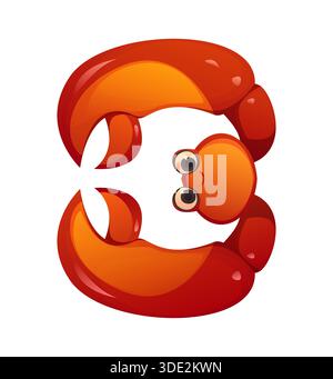 Police de dessin animé pirates ou police de caractères corsaires des Caraïbes, numéro de vecteur 3 trois. Personnage drôle de crabe ou mollusque sous-marin pour la police pirate maritime ou la typographie corsaire d'aventure de voile Illustration de Vecteur