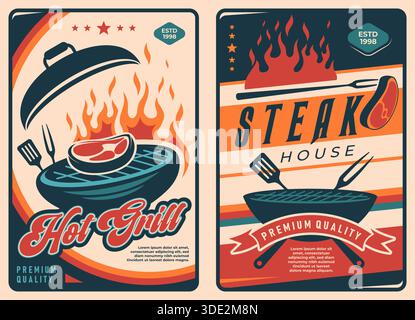 Affiches vectorielles de viande bbq rétro. Grill soirée barbecue invitation de steak sur le gril au charbon de bois avec persillage placé sur un gril rond au-dessus des flammes de feu, spatule croisée et fourchette. Menu vintage pour le restaurant Illustration de Vecteur