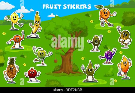 Dessins animés groovy personnages de fruits autocollants de banane drôle, poire et avocat, pack vecteur. Stickers de fruits groovy avec abricot funky, ananas tropical et mangue avec pouce vers le haut, prune et kiwi avec le sourire Illustration de Vecteur