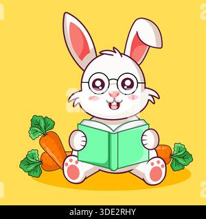 Lapin blanc studieux avec des lunettes lisant un livre et des carottes illustration vectorielle dessin animé Illustration de Vecteur