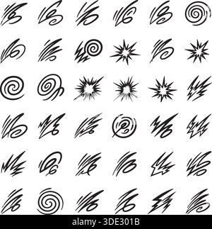 Jeu de doodle à encre noire dynamique avec des tourbillons, des lignes de vitesse et des effets de rafale isolés sur blanc Illustration de Vecteur