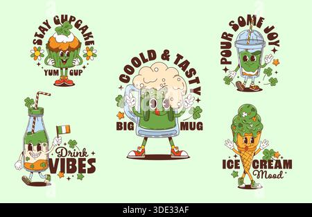 Autocollants de caractère St Patrick groovy et t-shirt imprimés pour les vacances irlandaises, vecteur de dessin animé. Drôle groovy vert bière tankard avec drapeau de l'Irlande, cupcake avec trèfle pour les personnages de Saint Patrick Illustration de Vecteur