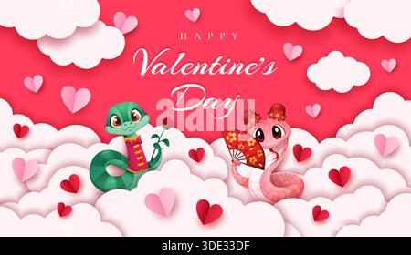 Bannière découpée en papier de Saint-Valentin avec deux jolis serpents de dessin animé célébrant l'amour et l'affection, échangeant des gestes romantiques au milieu de nuages moelleux et de coeurs en papier flottants sur fond rose Illustration de Vecteur