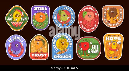 Autocollants d'étiquette groovy fruits mûrs drôles, patchs rétro. Ensemble vectoriel de citron de dessin animé mignon, orange, poire et pêche, kiwi, prune ou mangue, personnages d'ananas, de fraises et de bananes aux visages expressifs Illustration de Vecteur