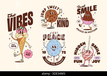 Boulangerie et dessert groovy personnages autocollants et bonbons t-shirt imprimés. Rétro vecteur de dessin animé y2k crème glacée, cookie, bonbons, cupcake, barbe à papa et sucette avec des expressions amusantes et joyeuses et des citations Illustration de Vecteur
