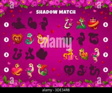Feuille de travail de jeu Shadow match avec des serpents et des fleurs de la Saint-Valentin, quiz de puzzle vectoriel. Trouvez et associez l'ombre correcte de personnages de serpent charmants de dessin animé avec des coeurs de la Saint-Valentin, cadeau de mariage et fleurs Illustration de Vecteur