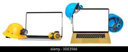 Ordinateurs portables avec des écrans vierges entourés de casques de construction, respirateurs et protections auditives isolés sur fond blanc avec chemin de clipping, symbolisant w Banque D'Images