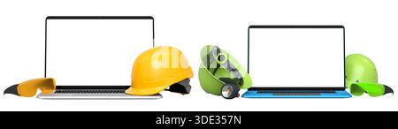 Ordinateurs portables avec des écrans vierges entourés de casques de construction, respirateurs et protections auditives isolés sur fond blanc avec chemin de clipping, symbolisant w Banque D'Images