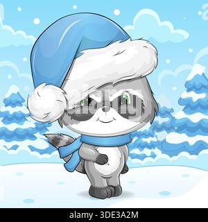 Joli dessin animé Raccoon avec chapeau et écharpe en hiver. Illustration vectorielle d'animal dans la nature sur un fond bleu avec de la neige. Illustration de Vecteur