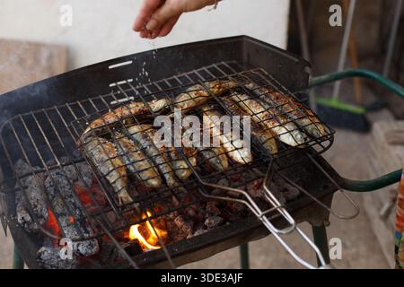 Assaisonnement à la main du poisson grillé avec du sel, gros plan du geste de finition saupoudrer de cristaux sur des sardines chaudes, Banque D'Images