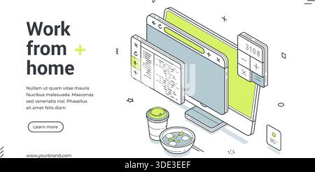 Travailler à partir du bureau à domicile à distance freelance entreprise isométrique Web bannière conception modèle illustration vectorielle. Travail à distance projet internet à distance codin Illustration de Vecteur