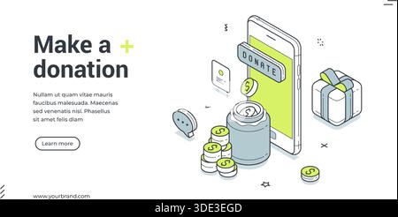 Faire don charité service d'application mobile de service de bannière Web isométrique modèle de conception illustration vectorielle. Don d'aide sociale aide bénévole s Illustration de Vecteur