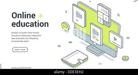 Enseignement en ligne e-learning leçon à distance illustration vectorielle de modèle de conception de bannière Web isométrique. Internet étudier l'école collégiale diplômé de l'université Illustration de Vecteur