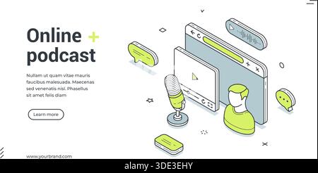 Podcast audio en ligne contenu de médias sociaux isométrique Web bannière conception modèle illustration vectorielle. Liste d'interviews de l'émission de radio de divertissement cyberespace Illustration de Vecteur