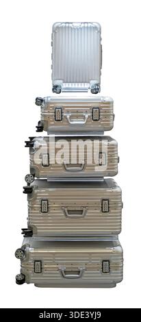 pile verticale de valises rigides avec loquets noirs et poignées argentées. Les valises sont disposées dans un ordre décroissant de taille, avec la sma Banque D'Images
