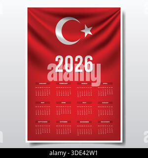 2026 conception de calendrier imprimable avec thème de drapeau de la Turquie, modèle de planificateur annuel de Turquie patriotique Illustration de Vecteur