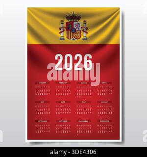 2026 conception de calendrier imprimable avec le thème du drapeau de L'ESPAGNE, modèle de planificateur annuel Patriotic ESPAGNE Illustration de Vecteur