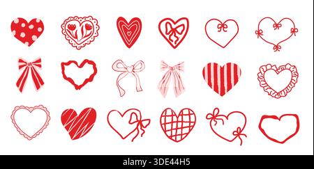 Ensemble de cliparts décoratifs rétro et fantaisistes de la Saint-Valentin avec illustrations de doodle dessinées à la main. Icônes d'amour mignons, cadres à volants et rubans pour Illustration de Vecteur