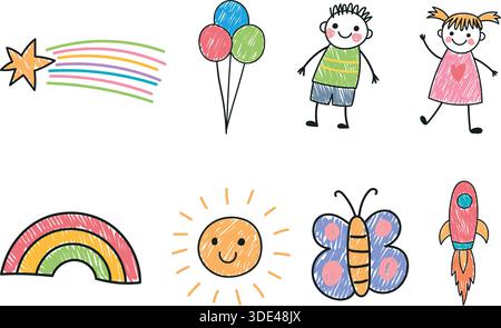 Adorable collection d'éléments colorés dessinés à la main, y compris une étoile filante, des ballons, des enfants heureux, arc-en-ciel, soleil, papillon Illustration de Vecteur