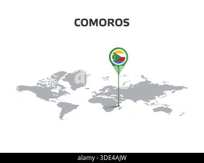 COMORES emplacement PIN sur la carte du monde avec drapeau dans le corps de PIN Illustration de Vecteur