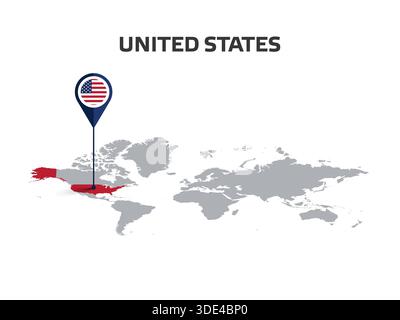 États-Unis emplacement PIN sur la carte du monde avec drapeau dans le corps de PIN Illustration de Vecteur