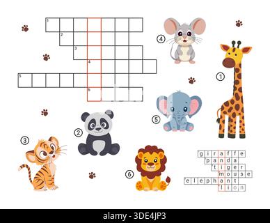 Puzzle de mots croisés d'animaux pour les enfants d'âge préscolaire. Jeu vectoriel. Illustration de Vecteur
