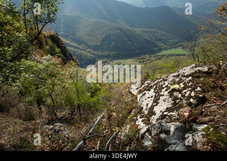Vue aérienne des collines et vallées forestières ondulantes de Muranska Planina, région de Banska Bystrica, Slovaquie. Banque D'Images