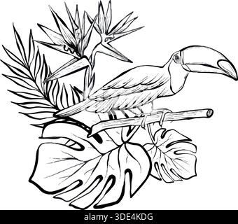 Toucan assis sur la branche avec monstera et feuilles de palmier dans l'illustration détaillée de la ligne vectorielle, sur fond blanc, graphique de la faune botanique tropicale pour logos, impressions, emballages, affiches et image de marque Illustration de Vecteur