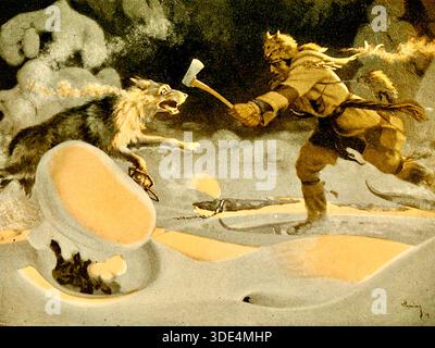 Arthur Heming - The Drama of the Forests, Romance and Adventure - 1921 - Heming était connu comme le « chroniqueur du Nord » pour ses œuvres représentant la nature sauvage canadienne. Son livre détaille les descriptions vivantes des bois du Nord, des chasseurs, des trappeurs et des commerçants. L'image représente un homme en tenue d'hiver utilisant une hache pour combattre un loup dans un paysage enneigé. Banque D'Images