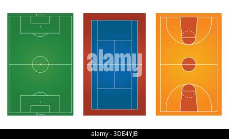 Ensemble vectoriel complet de terrains de football, tennis et basket-ball dans diverses configurations et perspectives Illustration de Vecteur