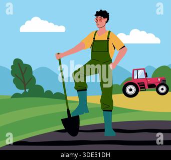 Campagne de dessins animés. Heureux ouvrier agricole debout avec une pelle. Tracteur agricole. Jardinier creusant le sol du lit de semence. Jardin rural. Récolte. Natura Illustration de Vecteur