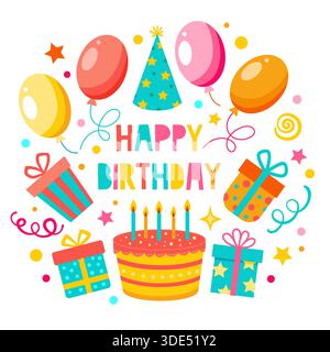 Carte de voeux joyeux anniversaire. Décorations festives, cadeaux, ballons et gâteaux. Illustration vectorielle. Banque D'Images