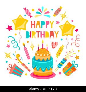 Carte de voeux joyeux anniversaire. Décorations festives, cadeaux, ballons et gâteaux. Illustration vectorielle. Banque D'Images
