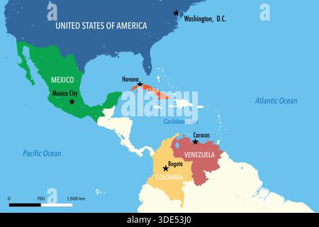 Carte des États-Unis avec le Venezuela, le Mexique, Cuba et la Colombie soulignant les relations géopolitiques Illustration de Vecteur