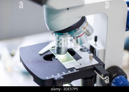 lame de microscope sous l'objectif montrant les détails de l'échantillon, gros plan de l'instrument de précision sur laboratoire stérile Banque D'Images
