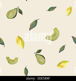 Motif aquarelle sans couture peint à la main avec des fruits d'avocat, des tranches et des feuilles vertes sur un fond clair et doux. Illustration d'aliments biologiques naturels Banque D'Images