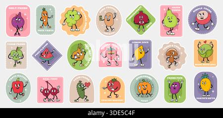 Autocollants de fruits et légumes groovy. Légumes fruits personnages rétro de dessin animé avec des visages comiques. Étiquettes vibrantes pour les produits frais du marché agricole, néotériques Illustration de Vecteur