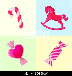 Ensemble d'autocollants adorables pour le planificateur quotidien et le journal intime. Bonbons, sucette, cheval Illustration de Vecteur